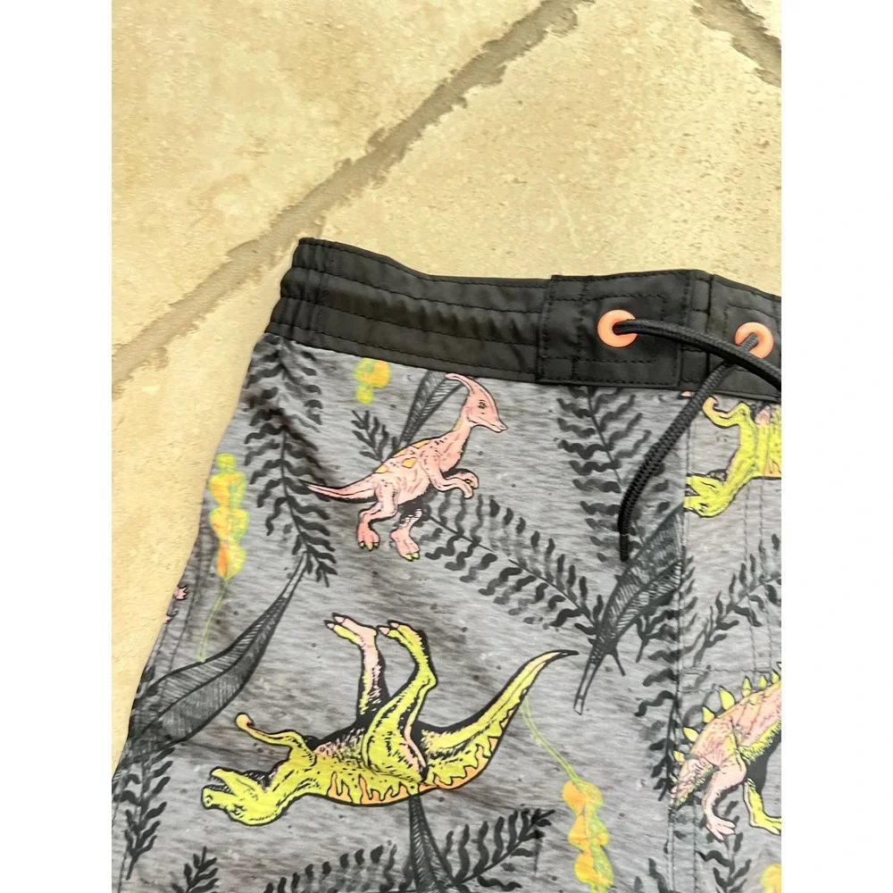 NEW Old Navy Boys 10-12 Dinosaur Print Swim Trunks Gray UPF 50 Board Shorts L
